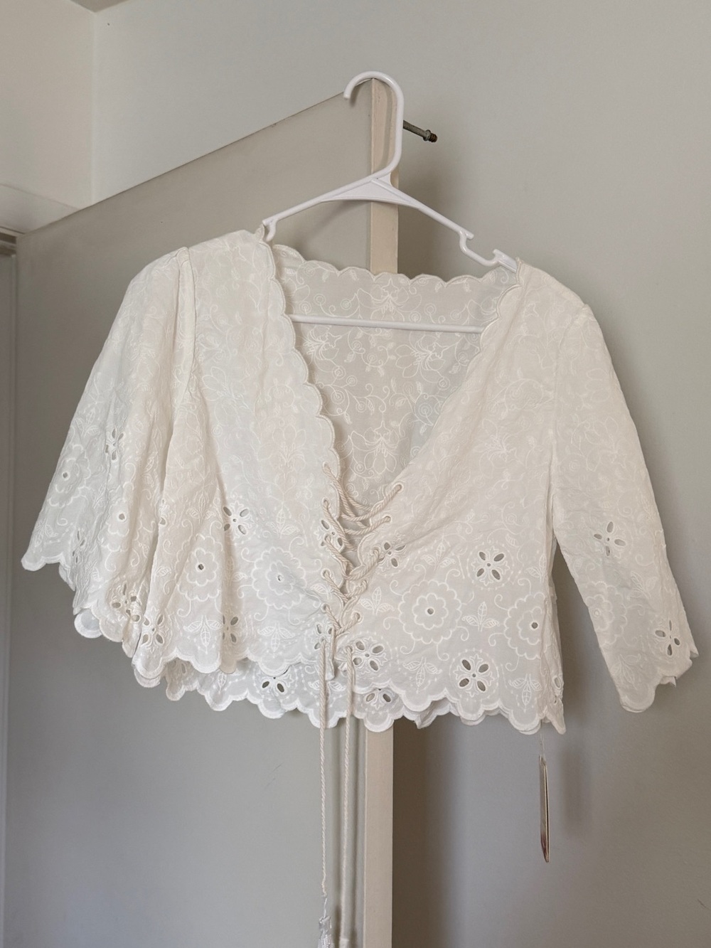 Agua Bendita White Eyelet Lace-Up Crop Top Medium new